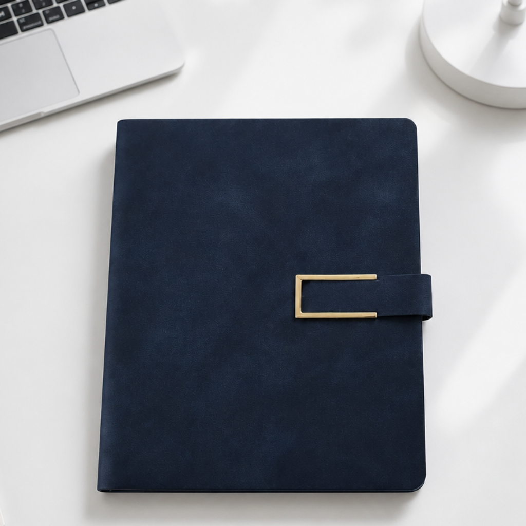 A navy blue notebook with a textured cover and a gold metal accent on the closure strap, shown in a styled flat-lay setting on a white desk next to a laptop and other office items.