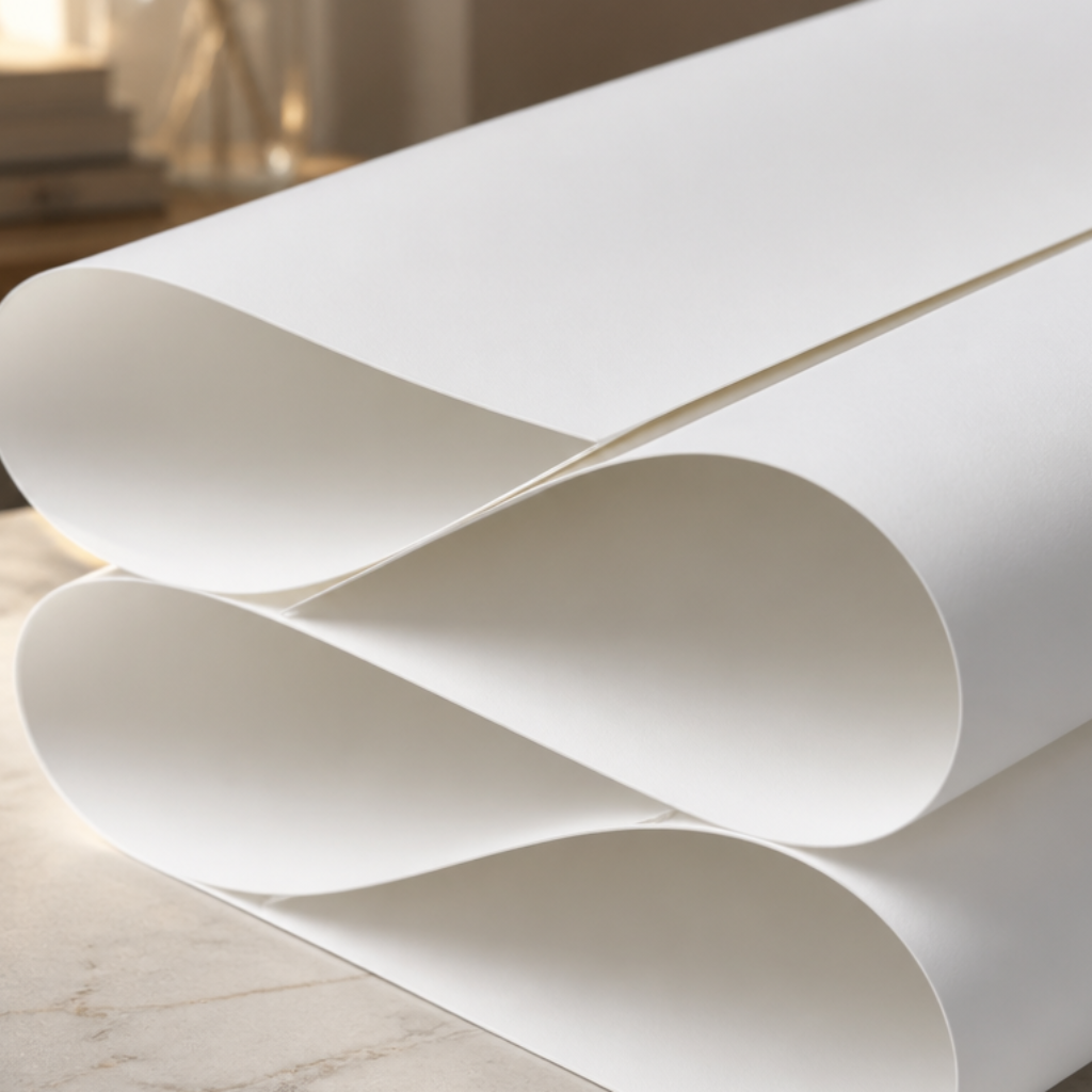 A close-up of a rolled sheet of white material, likely vinyl or paper, draped over a light marble surface with a softly blurred indoor background.