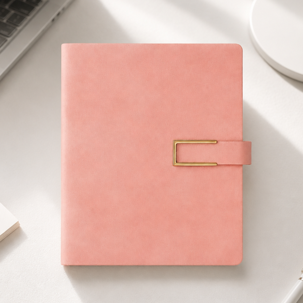 A pink notebook with a gold metal buckle closure, styled on a white desk with a laptop, pen, and other office accessories.