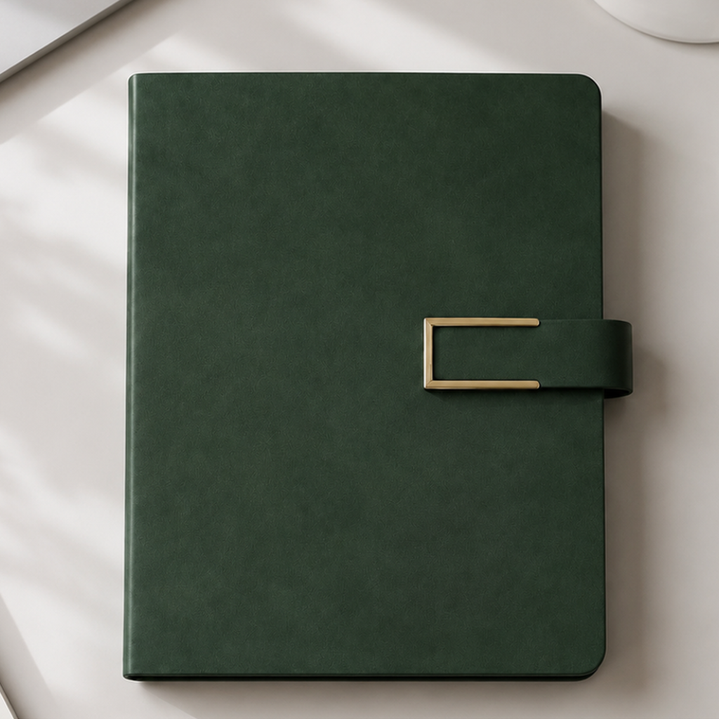 A dark green notebook with a matching strap closure and a gold metal buckle, displayed on a light-colored desk with soft shadows.