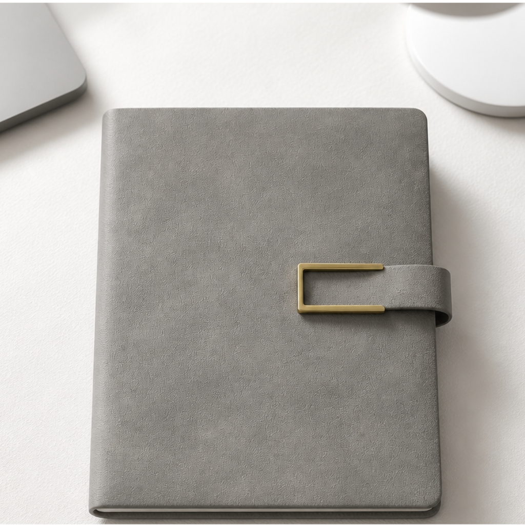 A gray faux-leather planner or notebook with a gold metal buckle closure, shown on a light gray desk with a laptop and lamp partially visible in the background.