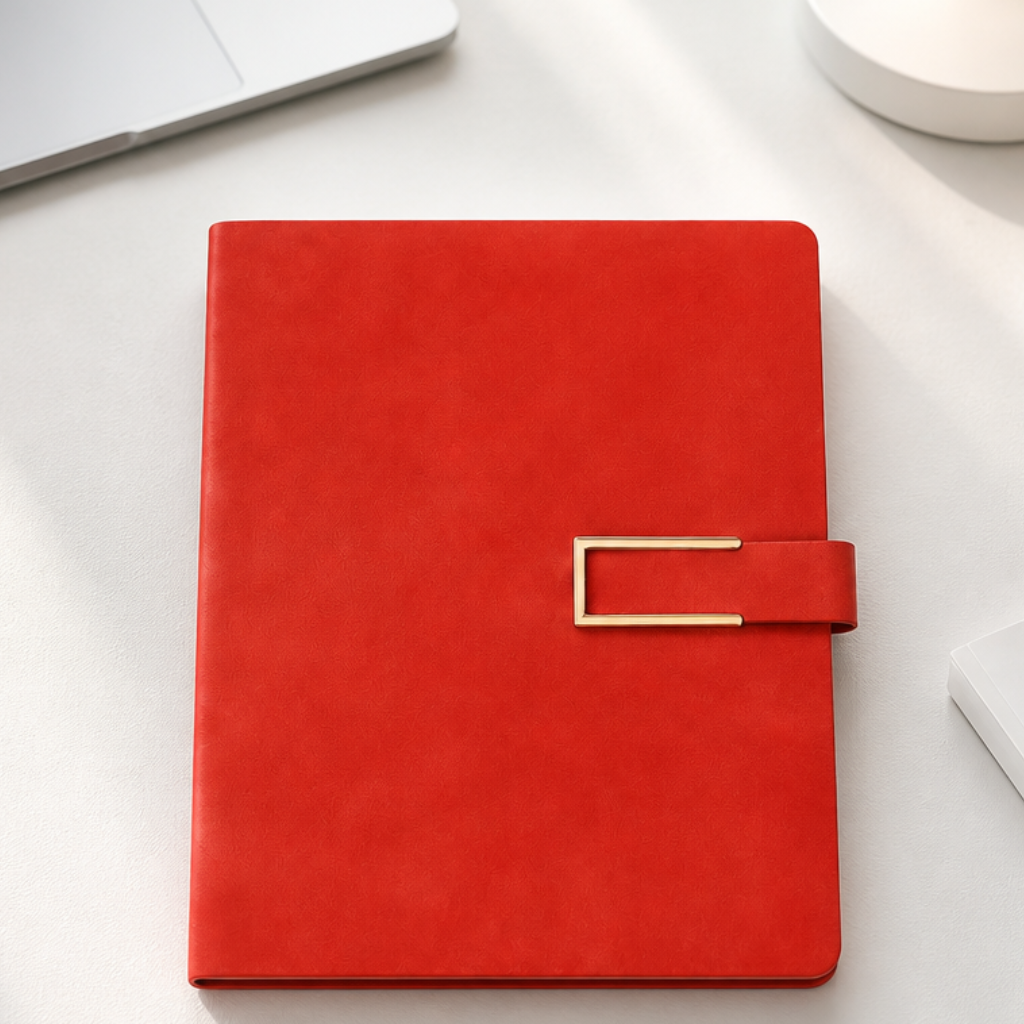 A red notebook with a textured cover and a gold metal buckle closure, shown on a white desk with a laptop, cup, and other office items partially visible.