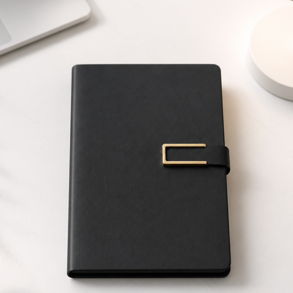 A black leather planner or notebook with a gold metal clip closure, shown closed on a light gray desk with a laptop and lamp partially visible in the background.