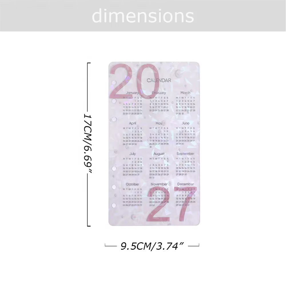 2027 Pink Holographic Yearly Calendar Dashboard | A5 Ring Binder