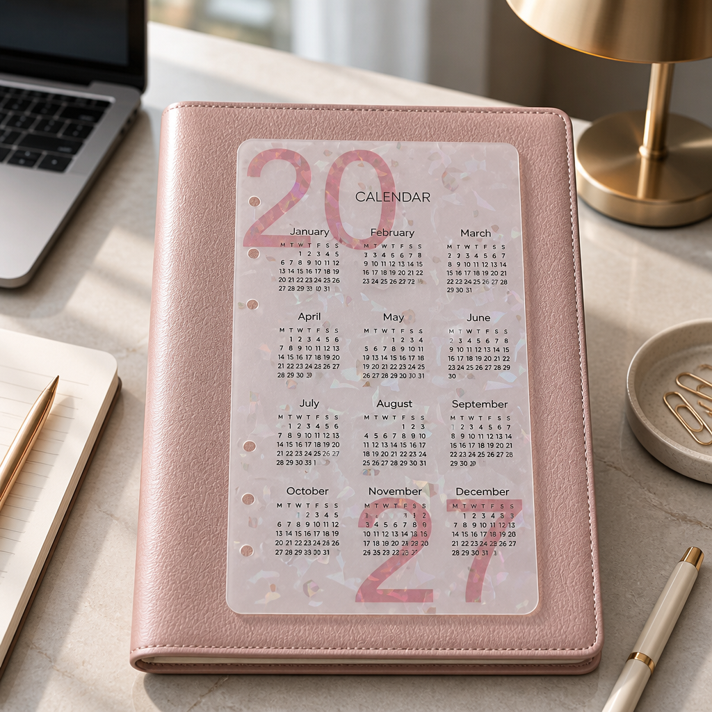 2027 Pink Holographic Yearly Calendar Dashboard | A5 Ring Binder