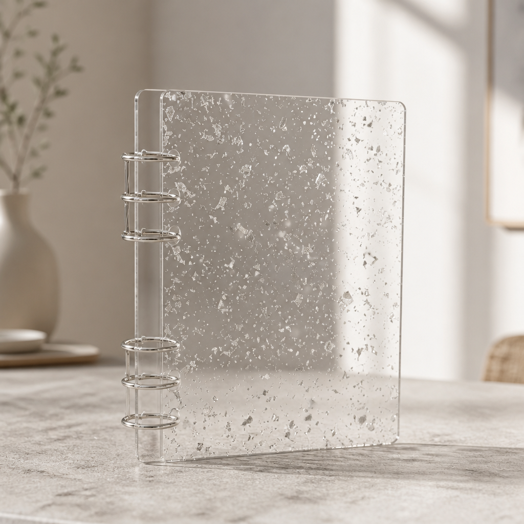 Juego de cubiertas de acrílico para agenda A5 de 6 anillas | Anverso de lámina plateada + reverso de cristal transparente