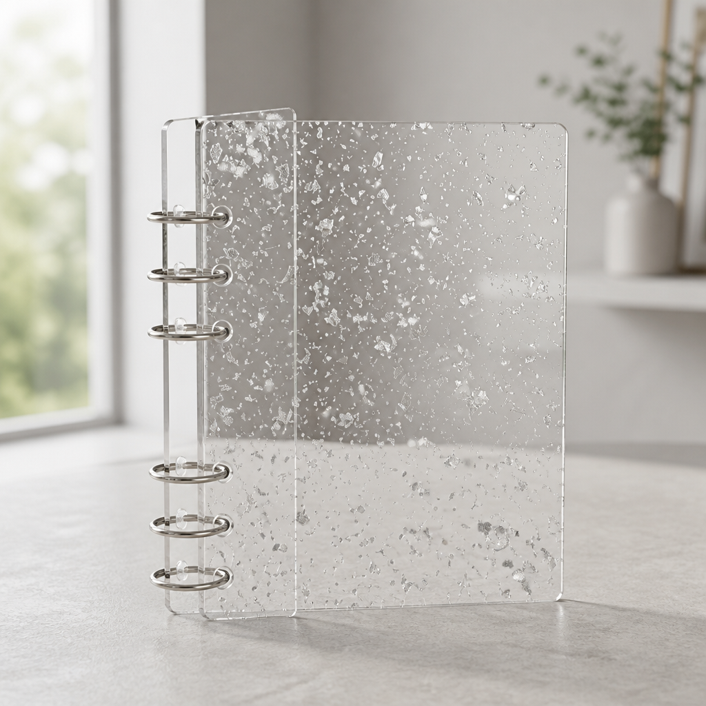 Juego de cubiertas de acrílico para agenda A5 de 6 anillas | Anverso de lámina plateada + reverso de cristal transparente