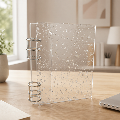Juego de cubiertas de acrílico para agenda A5 de 6 anillas | Anverso de lámina plateada + reverso de cristal transparente